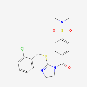 molecular formula C21H24ClN3O3S2 B2738714 4-(2-((2-chlorobenzyl)thio)-4,5-dihydro-1H-imidazole-1-carbonyl)-N,N-diethylbenzenesulfonamide CAS No. 851804-15-4
