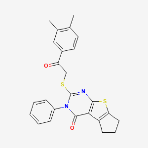 molecular formula C25H22N2O2S2 B2738757 2-((2-(3,4-dimethylphenyl)-2-oxoethyl)thio)-3-phenyl-6,7-dihydro-3H-cyclopenta[4,5]thieno[2,3-d]pyrimidin-4(5H)-one CAS No. 709000-78-2