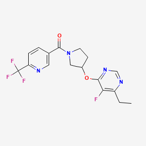 molecular formula C17H16F4N4O2 B2738770 (3-((6-Ethyl-5-fluoropyrimidin-4-yl)oxy)pyrrolidin-1-yl)(6-(trifluoromethyl)pyridin-3-yl)methanone CAS No. 2034299-21-1