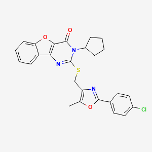 molecular formula C26H22ClN3O3S B2738772 2-(((2-(4-氯苯基)-5-甲氧基噁唑-4-基)甲基硫)-3-环戊基苯并呋喃[3,2-d]嘧啶-4(3H)-酮 CAS No. 1030119-93-7