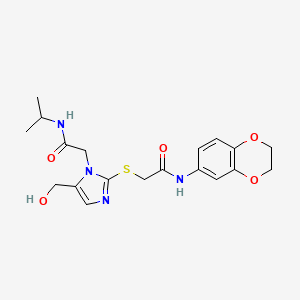 molecular formula C19H24N4O5S B2738782 N-(2,3-dihydrobenzo[b][1,4]dioxin-6-yl)-2-((5-(hydroxymethyl)-1-(2-(isopropylamino)-2-oxoethyl)-1H-imidazol-2-yl)thio)acetamide CAS No. 921523-88-8