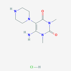 molecular formula C10H18ClN5O2 B2738809 6-amino-1,3-dimethyl-5-piperazin-1-ylpyrimidine-2,4(1H,3H)-dione hydrochloride CAS No. 1177356-49-8