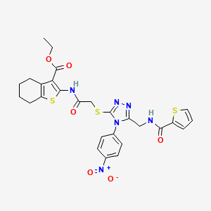 molecular formula C27H26N6O6S3 B2738951 Ethyl 2-[[2-[[4-(4-nitrophenyl)-5-[(thiophene-2-carbonylamino)methyl]-1,2,4-triazol-3-yl]sulfanyl]acetyl]amino]-4,5,6,7-tetrahydro-1-benzothiophene-3-carboxylate CAS No. 393805-64-6