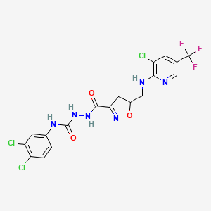molecular formula C18H14Cl3F3N6O3 B2738989 2-{[5-({[3-chloro-5-(trifluoromethyl)-2-pyridinyl]amino}methyl)-4,5-dihydro-3-isoxazolyl]carbonyl}-N-(3,4-dichlorophenyl)-1-hydrazinecarboxamide CAS No. 338399-33-0