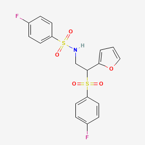 molecular formula C18H15F2NO5S2 B2739062 4-fluoro-N-(2-((4-fluorophenyl)sulfonyl)-2-(furan-2-yl)ethyl)benzenesulfonamide CAS No. 896327-39-2