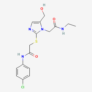 molecular formula C16H19ClN4O3S B2739122 2-[2-({2-[(4-chlorophenyl)amino]-2-oxoethyl}thio)-5-(hydroxymethyl)-1H-imidazol-1-yl]-N-ethylacetamide CAS No. 923165-32-6