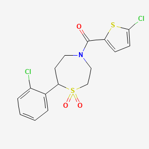 molecular formula C16H15Cl2NO3S2 B2739184 (7-(2-氯苯基)-1,1-二氧代-1,4-噻吩-4-基)(5-氯噻吩-2-基)甲酮 CAS No. 2034459-14-6