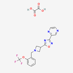 molecular formula C19H16F3N5O6 B2739245 3-(Pyrazin-2-yl)-5-(1-(2-(trifluoromethoxy)benzyl)azetidin-3-yl)-1,2,4-oxadiazole oxalate CAS No. 1421452-38-1
