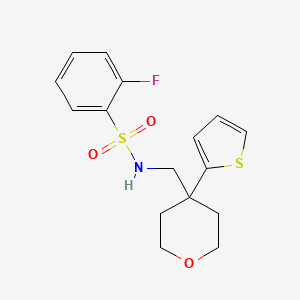 molecular formula C16H18FNO3S2 B2739252 2-fluoro-N-((4-(thiophen-2-yl)tetrahydro-2H-pyran-4-yl)methyl)benzenesulfonamide CAS No. 1203279-37-1