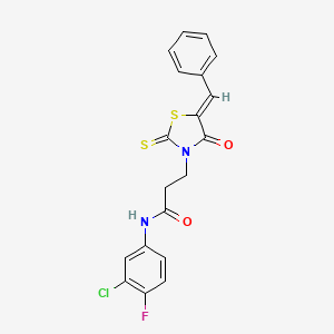molecular formula C19H14ClFN2O2S2 B2739318 (Z)-3-(5-苄亚甲基-4-氧代-2-硫代噻唑啉-3-基)-N-(3-氯-4-氟苯基)丙酰胺 CAS No. 301305-46-4