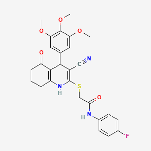 molecular formula C27H26FN3O5S B2739417 2-{[3-cyano-5-oxo-4-(3,4,5-trimethoxyphenyl)-1,4,5,6,7,8-hexahydroquinolin-2-yl]sulfanyl}-N-(4-fluorophenyl)acetamide CAS No. 489425-76-5