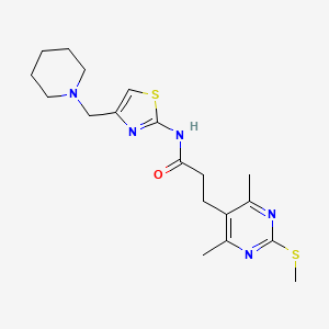 molecular formula C19H27N5OS2 B2739469 3-[4,6-dimethyl-2-(methylsulfanyl)pyrimidin-5-yl]-N-{4-[(piperidin-1-yl)methyl]-1,3-thiazol-2-yl}propanamide CAS No. 1111592-75-6