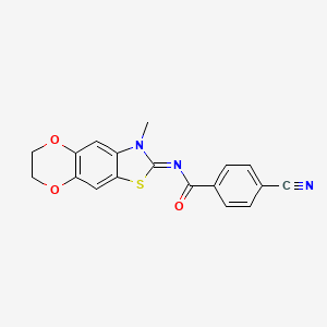 molecular formula C18H13N3O3S B2739479 4-cyano-N-(3-methyl-6,7-dihydro-[1,4]dioxino[2,3-f][1,3]benzothiazol-2-ylidene)benzamide CAS No. 1321980-34-0