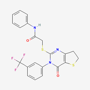 molecular formula C21H16F3N3O2S2 B2739480 2-((4-oxo-3-(3-(trifluoromethyl)phenyl)-3,4,6,7-tetrahydrothieno[3,2-d]pyrimidin-2-yl)thio)-N-phenylacetamide CAS No. 877654-07-4