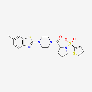 molecular formula C21H24N4O3S3 B2739483 (4-(6-Methylbenzo[d]thiazol-2-yl)piperazin-1-yl)(1-(thiophen-2-ylsulfonyl)pyrrolidin-2-yl)methanone CAS No. 1096689-93-8