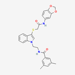 molecular formula C28H27N3O4S B2739512 N-(2-(3-((2-(苯并[d][1,3]二噁杂环[5.1.0]辛-5-基)氨基)-2-氧代乙基)硫代)-1H-吲哚-1-基)乙基-3,5-二甲基苯甲酰胺 CAS No. 532974-40-6