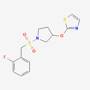 molecular formula C14H15FN2O3S2 B2739530 2-((1-((2-Fluorobenzyl)sulfonyl)pyrrolidin-3-yl)oxy)thiazole CAS No. 2200782-24-5