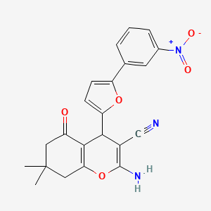molecular formula C22H19N3O5 B2739539 2-氨基-7,7-二甲基-4-[5-(3-硝基苯基)呋喃-2-基]-5-氧代-6,8-二氢-4H-香豆素-3-羧腈 CAS No. 329923-01-5