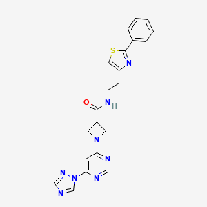 molecular formula C21H20N8OS B2739551 1-(6-(1H-1,2,4-triazol-1-yl)pyrimidin-4-yl)-N-(2-(2-phenylthiazol-4-yl)ethyl)azetidine-3-carboxamide CAS No. 2034580-59-9