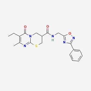 molecular formula C20H21N5O3S B2739628 7-ethyl-8-methyl-6-oxo-N-((3-phenyl-1,2,4-oxadiazol-5-yl)methyl)-2,3,4,6-tetrahydropyrimido[2,1-b][1,3]thiazine-3-carboxamide CAS No. 1421525-39-4