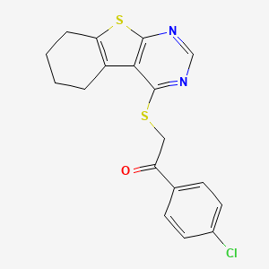 molecular formula C18H15ClN2OS2 B2739639 1-(4-Chlorophenyl)-2-(5,6,7,8-tetrahydro-[1]benzothiolo[2,3-d]pyrimidin-4-ylsulfanyl)ethanone CAS No. 315677-28-2