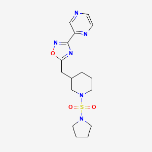molecular formula C16H22N6O3S B2739803 3-(Pyrazin-2-yl)-5-((1-(pyrrolidin-1-ylsulfonyl)piperidin-3-yl)methyl)-1,2,4-oxadiazole CAS No. 1706106-56-0