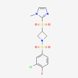 molecular formula C13H13ClFN3O4S2 B2739872 2-((1-((3-氯-4-氟苯基)磺酰)氮杂丙烷-3-基)磺酰)-1-甲基-1H-咪唑 CAS No. 2034490-57-6