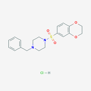 molecular formula C19H23ClN2O4S B2739918 1-Benzyl-4-(2,3-dihydro-1,4-benzodioxine-6-sulfonyl)piperazine hydrochloride CAS No. 385371-18-6