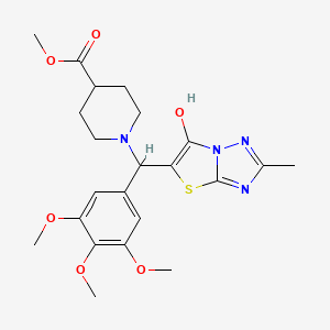 molecular formula C22H28N4O6S B2740015 1-[(6-Hydroxy-2-methyl-5-thiazolo[3,2-b][1,2,4]triazolyl)-(3,4,5-trimethoxyphenyl)methyl]-4-piperidinecarboxylic acid methyl ester CAS No. 851969-76-1