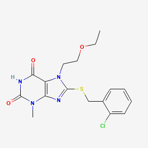 molecular formula C17H19ClN4O3S B2740034 8-((2-chlorobenzyl)thio)-7-(2-ethoxyethyl)-3-methyl-1H-purine-2,6(3H,7H)-dione CAS No. 442864-57-5