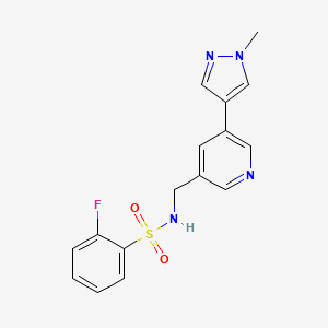 molecular formula C16H15FN4O2S B2740063 2-fluoro-N-((5-(1-methyl-1H-pyrazol-4-yl)pyridin-3-yl)methyl)benzenesulfonamide CAS No. 2034310-15-9