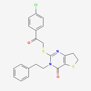 molecular formula C22H19ClN2O2S2 B2740168 2-((2-(4-chlorophenyl)-2-oxoethyl)thio)-3-phenethyl-6,7-dihydrothieno[3,2-d]pyrimidin-4(3H)-one CAS No. 877653-17-3