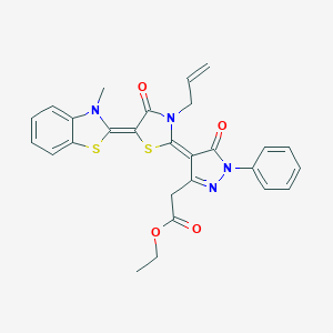 molecular formula C27H24N4O4S2 B274020 ethyl {4-[3-allyl-5-(3-methyl-1,3-benzothiazol-2(3H)-ylidene)-4-oxo-1,3-thiazolidin-2-ylidene]-5-oxo-1-phenyl-4,5-dihydro-1H-pyrazol-3-yl}acetate 
