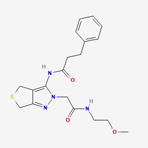 molecular formula C19H24N4O3S B2740202 N-(2-(2-((2-methoxyethyl)amino)-2-oxoethyl)-4,6-dihydro-2H-thieno[3,4-c]pyrazol-3-yl)-3-phenylpropanamide CAS No. 1105249-54-4