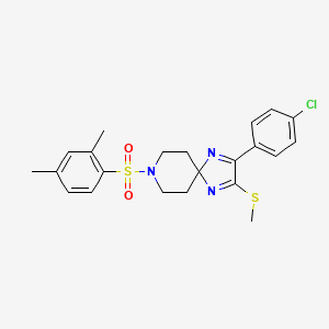 molecular formula C22H24ClN3O2S2 B2740249 2-(4-Chlorophenyl)-8-((2,4-dimethylphenyl)sulfonyl)-3-(methylthio)-1,4,8-triazaspiro[4.5]deca-1,3-diene CAS No. 894925-29-2