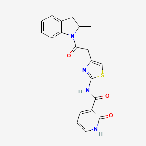 molecular formula C20H18N4O3S B2740315 N-(4-(2-(2-methylindolin-1-yl)-2-oxoethyl)thiazol-2-yl)-2-oxo-1,2-dihydropyridine-3-carboxamide CAS No. 946207-38-1