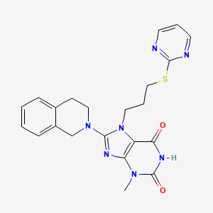 molecular formula C22H23N7O2S B2740323 8-(3,4-dihydro-1H-isoquinolin-2-yl)-3-methyl-7-(3-pyrimidin-2-ylsulfanylpropyl)purine-2,6-dione CAS No. 872627-68-4