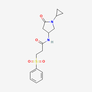 molecular formula C16H20N2O4S B2740417 N-(1-cyclopropyl-5-oxopyrrolidin-3-yl)-3-(phenylsulfonyl)propanamide CAS No. 1396888-42-8