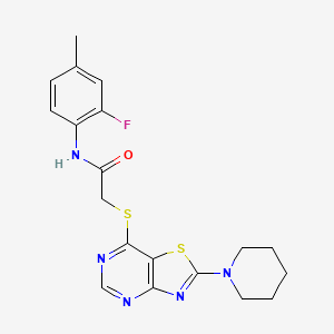 molecular formula C19H20FN5OS2 B2740431 N-(2-fluoro-4-methylphenyl)-2-((2-(piperidin-1-yl)thiazolo[4,5-d]pyrimidin-7-yl)thio)acetamide CAS No. 1185079-33-7