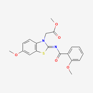 molecular formula C19H18N2O5S B2740469 Methyl 2-[6-methoxy-2-(2-methoxybenzoyl)imino-1,3-benzothiazol-3-yl]acetate CAS No. 865200-10-8