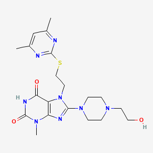 molecular formula C20H28N8O3S B2740475 7-[2-(4,6-Dimethylpyrimidin-2-ylthio)ethyl]-8-[4-(2-hydroxyethyl)piperazinyl]-3-methyl-1,3,7-trihydropurine-2,6-dione CAS No. 893949-60-5