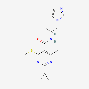 molecular formula C16H21N5OS B2740518 2-Cyclopropyl-N-(1-imidazol-1-ylpropan-2-yl)-4-methyl-6-methylsulfanylpyrimidine-5-carboxamide CAS No. 1436199-52-8