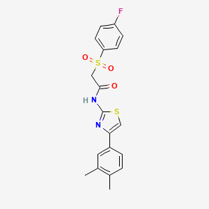 molecular formula C19H17FN2O3S2 B2740550 N-(4-(3,4-dimethylphenyl)thiazol-2-yl)-2-((4-fluorophenyl)sulfonyl)acetamide CAS No. 895470-32-3