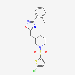 molecular formula C19H20ClN3O3S2 B2740568 5-((1-((5-Chlorothiophen-2-yl)sulfonyl)piperidin-3-yl)methyl)-3-(o-tolyl)-1,2,4-oxadiazole CAS No. 1704648-66-7