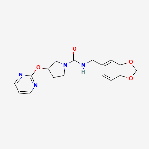 molecular formula C17H18N4O4 B2740589 N-(苯并[d][1,3]二氧杂环-5-基甲基)-3-(嘧啶-2-氧基)吡咯啶-1-甲酸酰胺 CAS No. 2034394-85-7