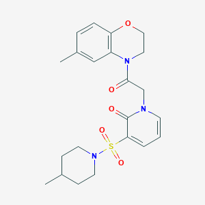 molecular formula C22H27N3O5S B2740602 1-(2-(6-甲基-2H-苯并[b][1,4]噁唑-4(3H)-基)-2-氧代乙基)-3-((4-甲基哌啶-1-基)磺酰)吡啶-2(1H)-酮 CAS No. 1251609-06-9