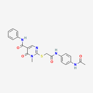 molecular formula C22H21N5O4S B2740624 2-((2-((4-acetamidophenyl)amino)-2-oxoethyl)thio)-1-methyl-6-oxo-N-phenyl-1,6-dihydropyrimidine-5-carboxamide CAS No. 894051-37-7