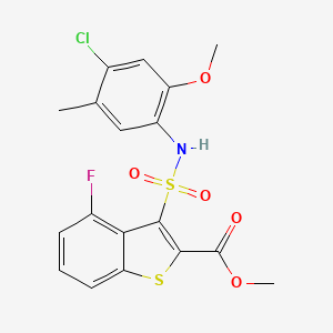 molecular formula C18H15ClFNO5S2 B2740626 甲基-3-{[(4-氯-2-甲氧基-5-甲基苯基)氨基]磺酰}-4-氟-1-苯并噻吩-2-羧酸乙酯 CAS No. 941962-27-2