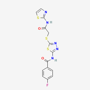 molecular formula C14H10FN5O2S3 B2740653 4-氟-N-(5-((2-氧代-2-(噻唑-2-基)氨基)硫代-1,3,4-噻二唑-2-基)苯甲酰胺 CAS No. 392299-70-6