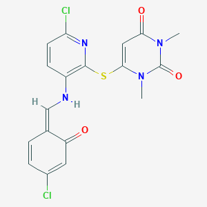 molecular formula C18H14Cl2N4O3S B274066 6-[6-chloro-3-[[(Z)-(4-chloro-6-oxocyclohexa-2,4-dien-1-ylidene)methyl]amino]pyridin-2-yl]sulfanyl-1,3-dimethylpyrimidine-2,4-dione 